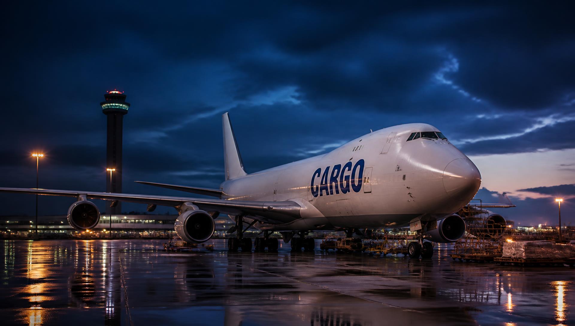 Freighter aircraft on a wet airport apron at dusk